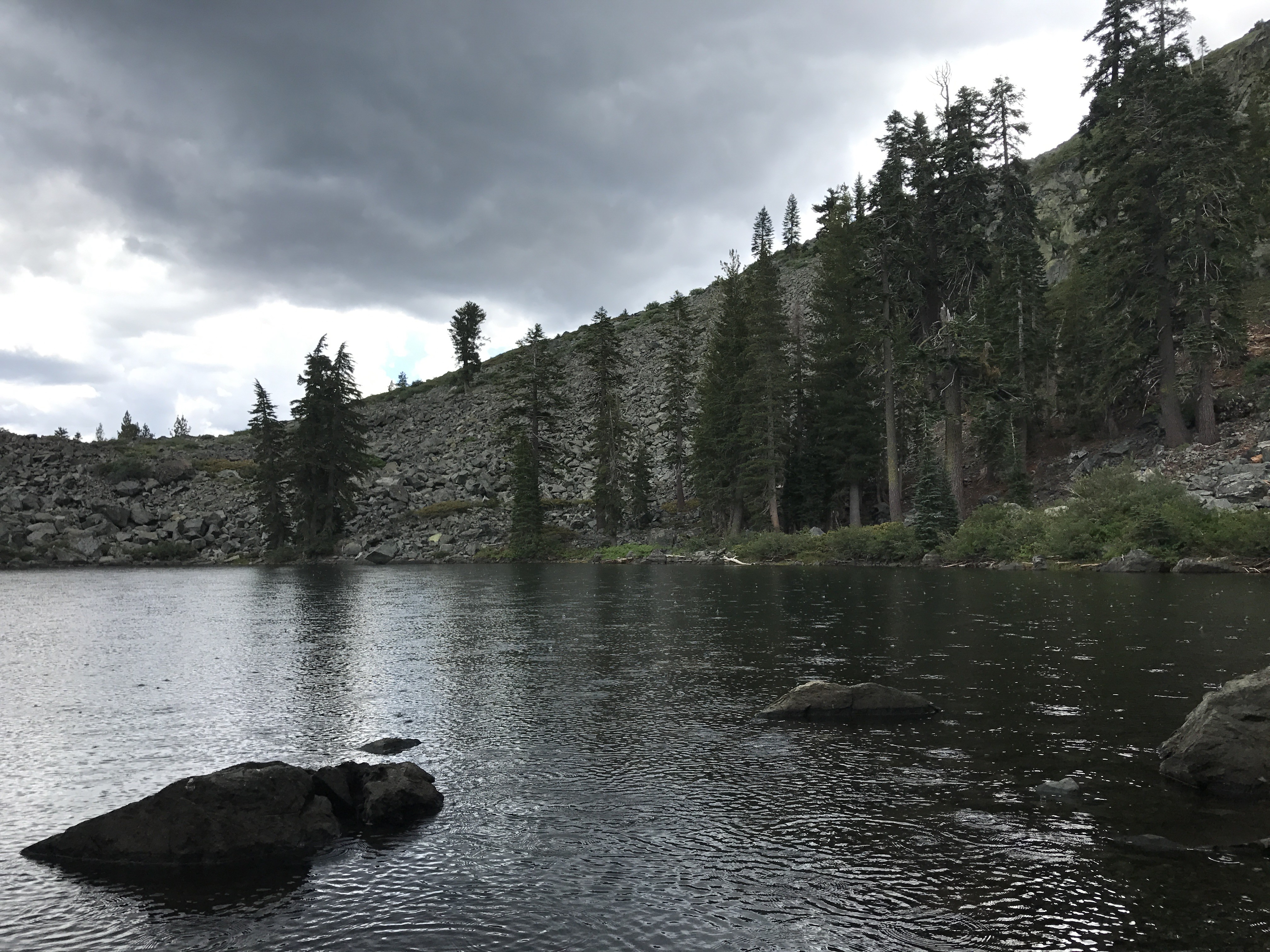 Cathedral Lake as a storm with rain, hail, and thunder & lightening bombard the area for an hour - Lake Tahoe 2017.08.22