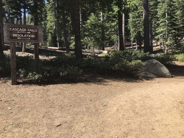 Trail splits to the left for Cascade Falls, and to the right for Desolation Wilderness and up to Maggie's Peaks via Granite Lake Trail. 8/24/2017 Lake Tahoe