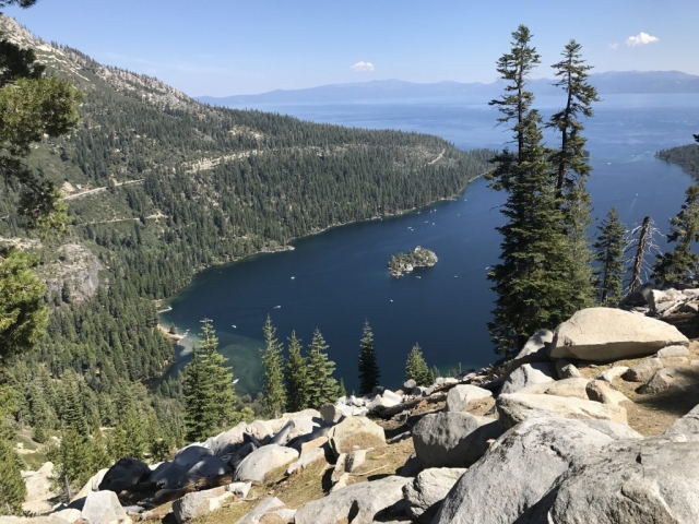 At about 3/4 mile up the trail, at the second viewpoint, is a grand view of Emerald Bay below and Vikingsholm Castle on that little island there. 8/24/2017 Lake Tahoe