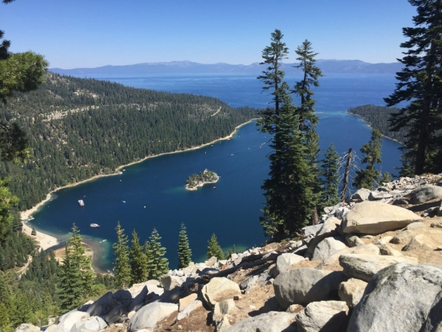 At about 3/4 mile up the trail, at the second viewpoint, is a grand view of Emerald Bay below and Vikingsholm Castle on that little island there. 8/25/2016 Lake Tahoe
