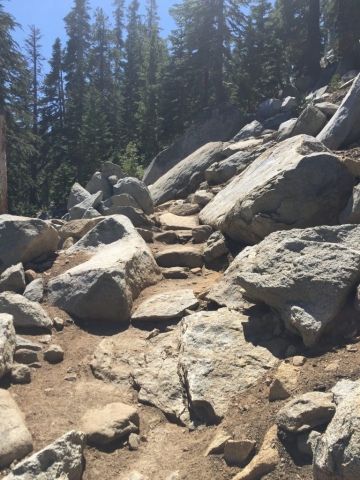 The trail becomes rocky, more stair-like. 8/25/2016 Lake Tahoe