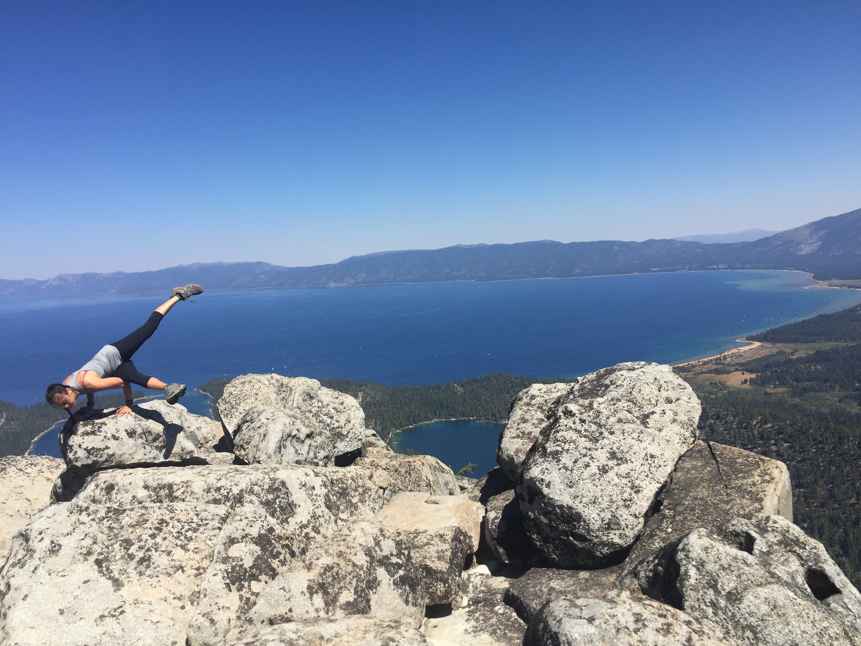 Me doing Eka Pada Koudinyasana I on some rocks atop Maggie's Peaks north. 8/25/2016 Lake Tahoe