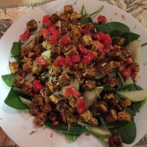 The East Indian Spinach Salad with extra tofu. From Freshies Restaurant & Bar in South Lake Tahoe, CA. 8/21/2016